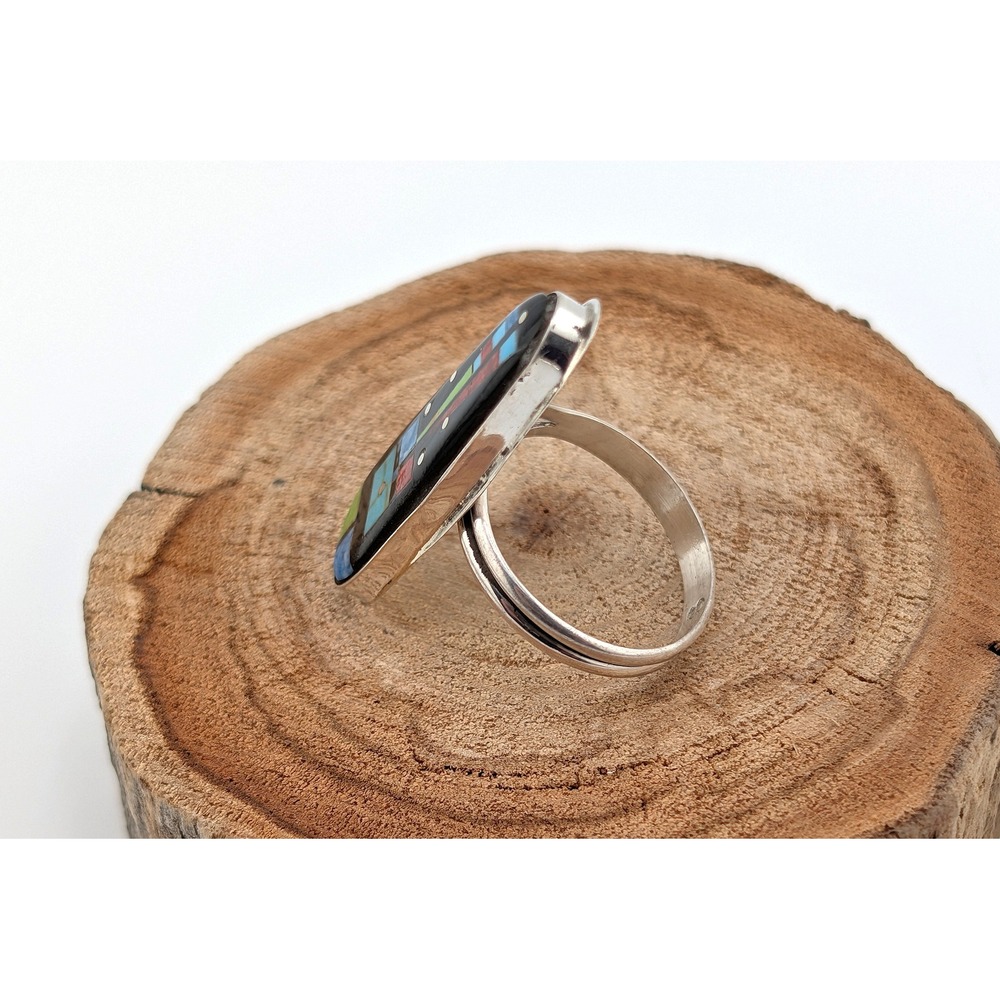 Handmade Zuni Inlay Ring by Gilbert Smith Adjustable Sterling Silver Night Day - Picture 4 of 9